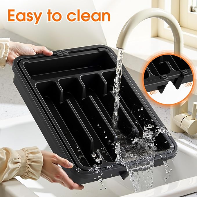 Silverware Organizer，Adjustable & Expandable Utensil Drawer Organizer, BPA Free Utensil Holder, Cutlery Tray for Forks, Spoons, Knives in Kitchen, Medium, Black
