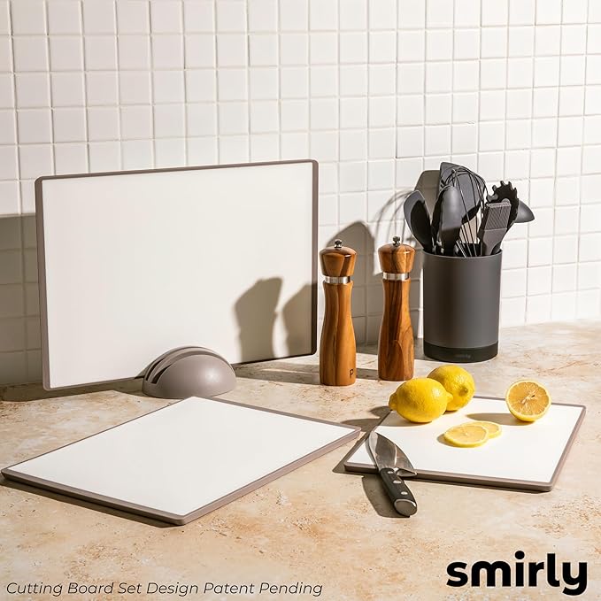 SMIRLY Plastic Cutting Board Set with Holder 3 Pieces, Non-Slip Dishwasher Safe Chopping Boards for Kitchen, Grey & White