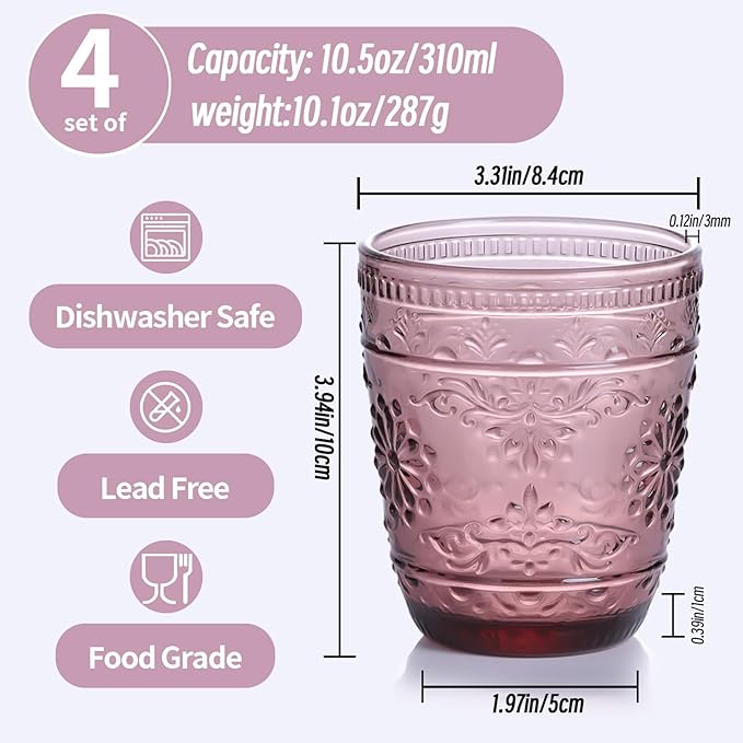 Purple Glassware set of 4, 10OZ Drinking Glasses, Purple Heavy Duty Glass Cups, Colored Glassware Set, Embossed Glasses Set for Party Wedding Home Office Gift