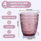 Purple Glassware set of 4, 10OZ Drinking Glasses, Purple Heavy Duty Glass Cups, Colored Glassware Set, Embossed Glasses Set for Party Wedding Home Office Gift
