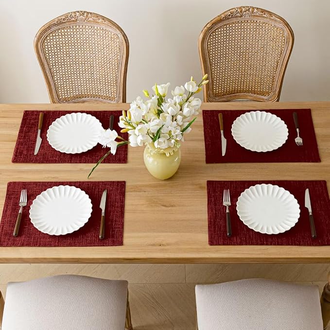 Christmas Placemats Set of 6, Bilayer Thickened Linen Place Mats Heat Resistant Machine Washable Wrinkle Free Carefully Selected Polyester Mats for Kitchen/Dining/Coffee Table (Deep Red)