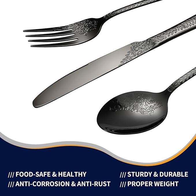 Floral 40 Pcs Black Silverware Set for 8, Food Grade Stainless Steel Flatware Set with Rose Flower Embossed Design, Eating Utensils Sets Include Fork/Knife/Spoon, Reusable Cutlery Set, Dishwasher Safe