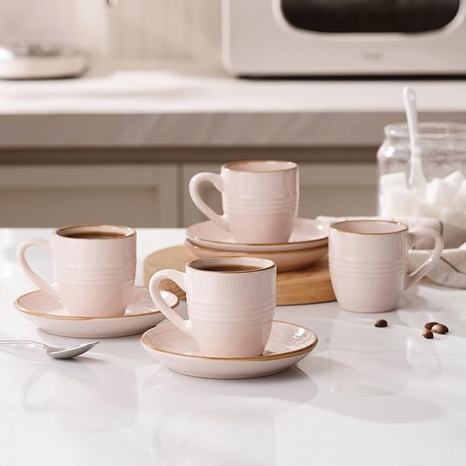 famiware Jupiter Espresso Cups and Saucers Set of 4, 3 oz Ceramic Small Coffee Mug with Handle, Spiral Stoneware Demitasse Cup for Tea, Latte, Cafe - Microwave & Dishwasher Safe, Light Pink