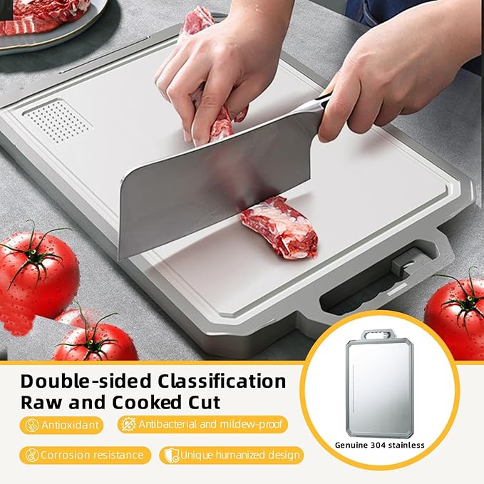 Extra Large Stainless Steel Cutting Board - Double Sided with Hidden Whetstone | Rust-Proof, Knife-Friendly Surface, BPA Free, Thickened & Non Slip | Dishwasher Safe 17x12 Inch
