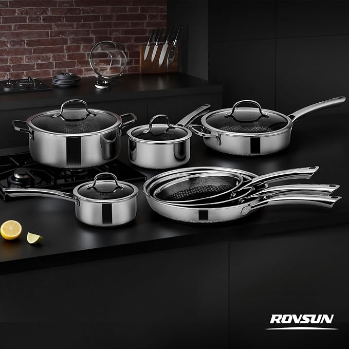 ROVSUN 11 Pcs Non-Stick Cookware Set, Stainless Steel Pots and Pans Set with Lids, Non-Toxic Kitchen Set Chef's Pan, PFOA & PTFE Free, Compatible for All Cooktops
