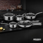 ROVSUN 11 Pcs Non-Stick Cookware Set, Stainless Steel Pots and Pans Set with Lids, Non-Toxic Kitchen Set Chef's Pan, PFOA & PTFE Free, Compatible for All Cooktops