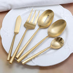 DEACORY Silverware Set with Serving Utensil Set Matte Gold Flatware Set Hand Forged Stainless Steel Cutlery Set 45 Pieces Matte Finished Hexagon Handle Service for 8, DE1004