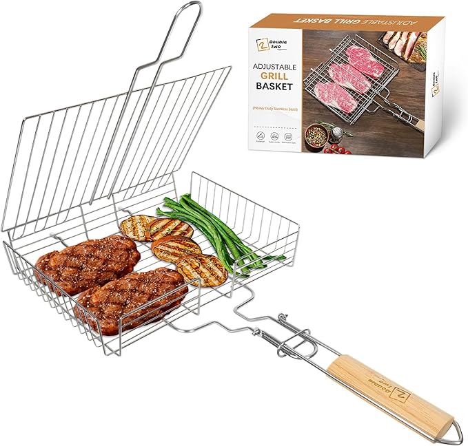 DOUBLE TWO - Stainless Steel Grill Basket, Grilling Baskets for Outdoor Grill, for Meat, Fish, Vegetable, BBQ Accessory, With Height Adjustable Cover & Detachable Handle, Easy to use, 1Pcs