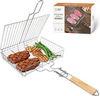 DOUBLE TWO - Stainless Steel Grill Basket, Grilling Baskets for Outdoor Grill, for Meat, Fish, Vegetable, BBQ Accessory, With Height Adjustable Cover & Detachable Handle, Easy to use, 1Pcs