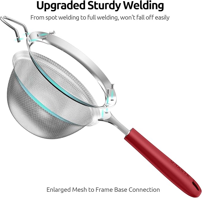 U-Taste Medium Fine Mesh Strainer: 18/8 Stainless Steel 4.73in 30 Mesh Kitchen Food Sieve with Sturdy Riveted Silicone Handle, Heavy Duty Deep Handheld Metal Colander for Rice, Quinoa, Flour (Red)