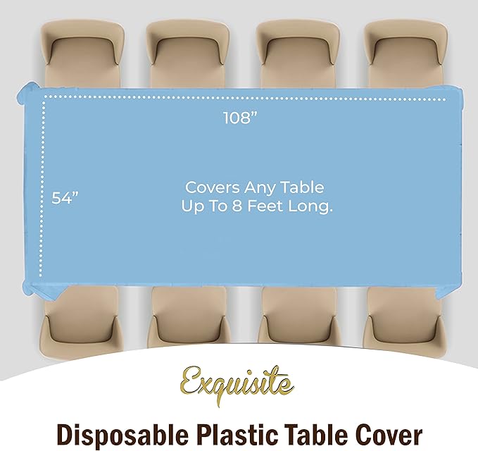 Exquisite 12-Pack Premium Plastic Tablecloth 54in. x 108in. Rectangle Table Cover - Light Blue