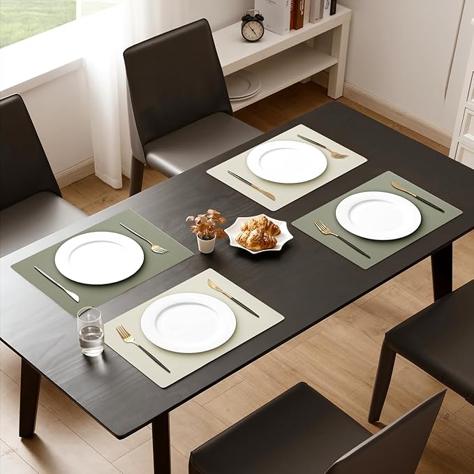 MOSAYT Vinyl Placemats Set of 4, Heat Resistant Place Mats 100% Waterproof Washable & Wipeable Faux Leather Reversible Table Mats for Kitchen Dining Party Indoor Outdoor, 12" x 17", Beige/Sage Green