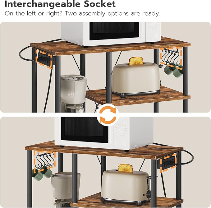 HOOBRO Bakers Rack with Power Outlet, Microwave Stand with 5 S-Shaped Hooks, Coffee Bar, Kitchen Storage Shelf, for Kitchen, Living Room, Rustic Brown and Black BF07UHB01