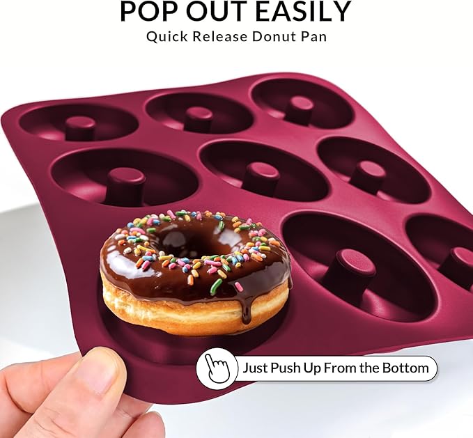Large Silicone Donut Pan for Baking, 9 Cavity Non-Stick Food Grade Silicone Donut Molds, Doughnut Pan and Bagel Pans for Baking & Kitchen, BPA Free 11.2 x 11.1 Inches, Dishwasher Safe - Red