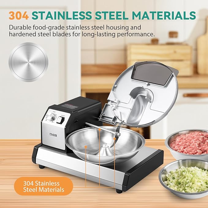 Newhai Commercial Food Processor, 5QT Vegetable Chopper Meat Grinder Mincer, Heavy Duty Electric Veggie Mincer, Stainless Steel Removable Bowl 1-15 Timer 250W 110volt Home&Restaurant