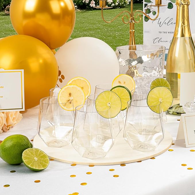 Goodluck 40 PCS Diamond Stemless Plastic Wine Whiskey Glasses, 12 Oz Disposable Cocktail Glasses, Suitable for Weddings, Birthday Parties, Family Gatherings, Bars, etc (Clear)
