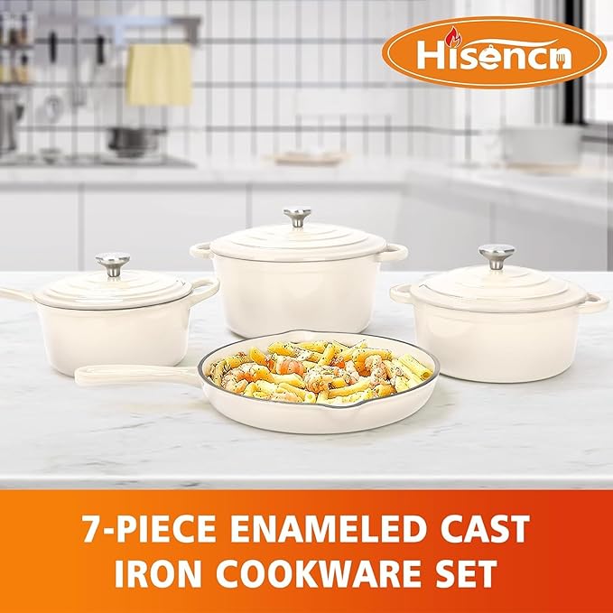 Hisencn Enameled Cast Iron Cookware Set - 7 Piece Dutch Ovens Set, Sauce Pan, Skillet, 3 Lids, Pots and Pans Set, Ceramic Coated Cast Iron, Heavy Duty, Gas/Induction Compatible, PFA Free