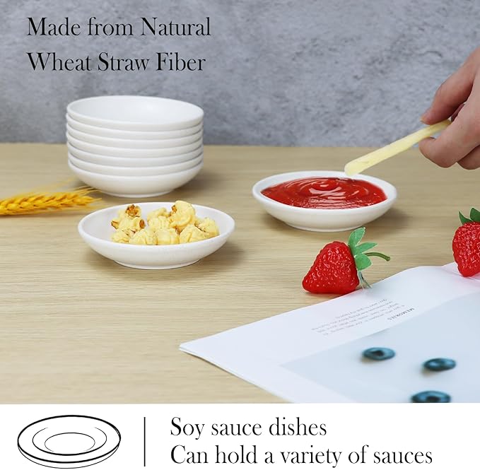 PYRMONT Wheat Straw Dipping Bowls,2 OZ Soy Sauce Dish & Bowl,Small Dipping Sauce Bowls Set of 8,Mini Appetizer Plates for Side Dishes,Ketchup,BBQ, Party,Condiments Serving Bowl Set - White