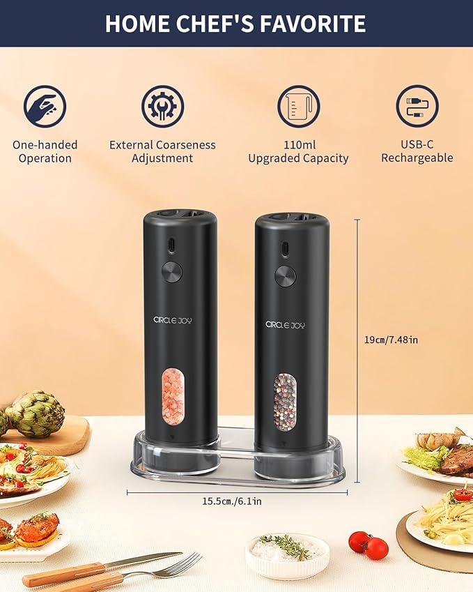 CIRCLE JOY Rechargeable Electric Salt and Pepper Grinder Set with Base, Automatic Pepper Mills with 110ml Container, External Adjustable Coarseness, White Led Light and One-Handed Operation, Black