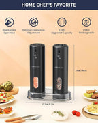CIRCLE JOY Rechargeable Electric Salt and Pepper Grinder Set with Base, Automatic Pepper Mills with 110ml Container, External Adjustable Coarseness, White Led Light and One-Handed Operation, Black