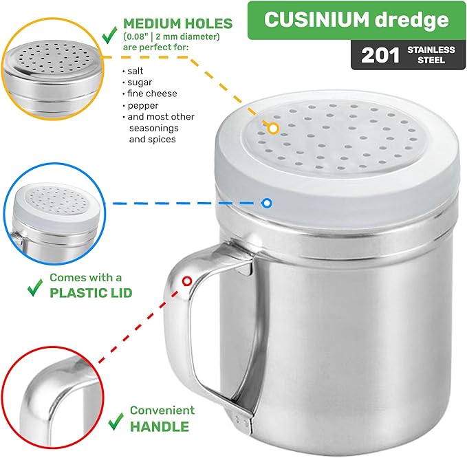 CUSINIUM Metal Salt Pepper Dredge Shakers - With Handle - Seasonings Spice Shakers With Holes and Lids - 10 Ounce, 2pcs | Style: Medium