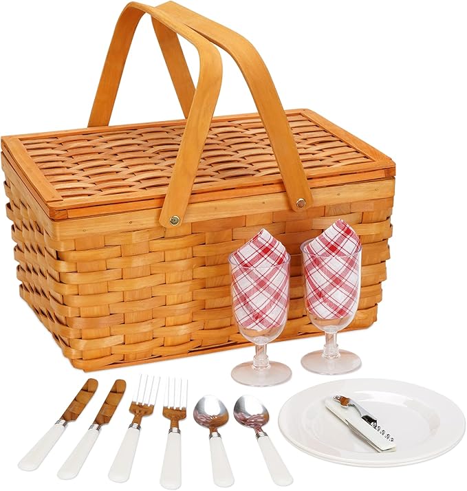 Picnic Basket Set for 2 Persons, Woven Woodchip Basket with Folding Handles & Lid, Red and White Gingham Lining Basket Set with Utensils Cutlery - Perfect for Picnic, Camping, Valentine Day, Outdoor