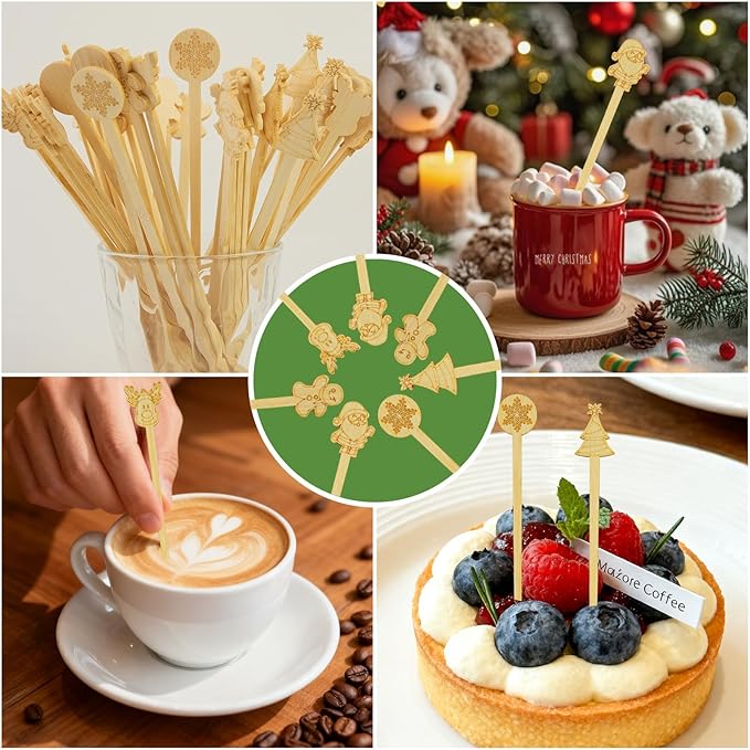 50PCS Bamboo Coffee Stirrers, 7inch Christmas Biodegradable Disposable Coffee Drink Cocktail Stirrers for Coffee Milk Christmas New Year Office Hot Chocolate Bar Supplies