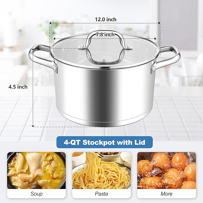 Stainless Steel Stock Pot 4 Quart, Homikit Induction Stockpot with lid for Soup Pasta Sauce Cooking Simmering, Tri-ply Heavy Bottom Compatible with All Stove, Dishwasher Safe