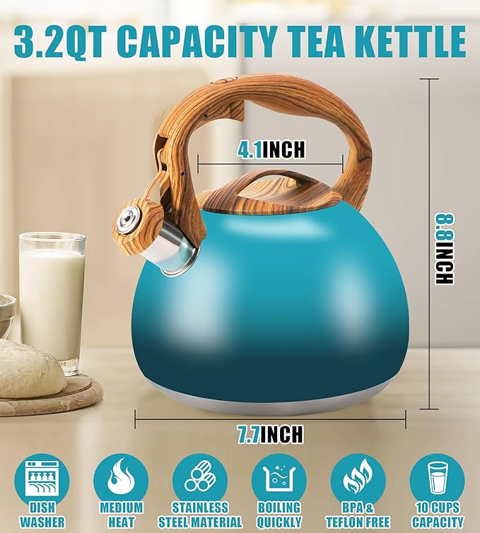 Tea Kettle, Stainless Steel Whistling Tea Kettle,3.2Qt Tea Pot for Stove with Cool Handle,Strong and Durable (Dark Green Gradient)