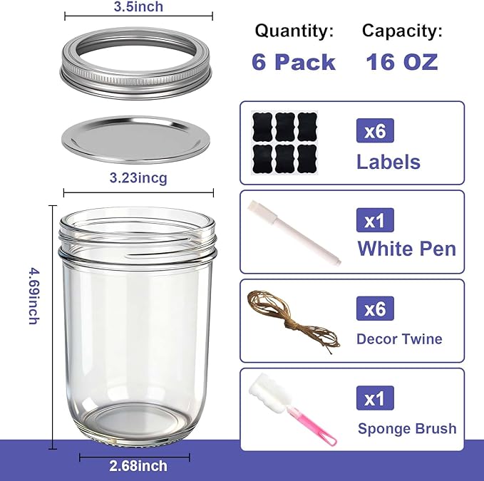 Wide Mouth Mason Jars 16 oz with Lids, Glass Jars with Airtight Lids and Band, Safe for Canning, Food Storage, Pickling, Overnight Oats Container, Pint Size (Pack of 6)