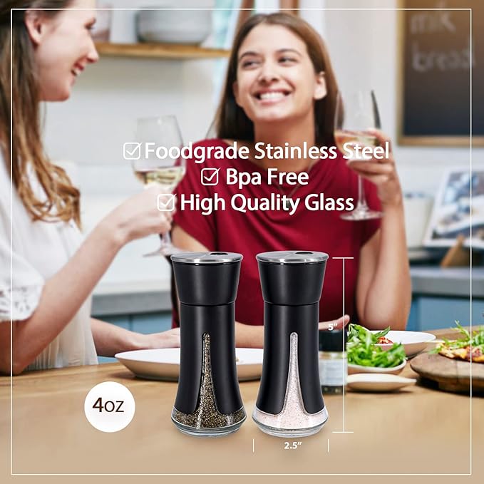 Black Salt and Pepper Shakers by Aelga, Salt Shaker with Adjustable Pour Holes, Black Kitchen Accessories, Decor for Kitchen,Restaurants,Camp,BBQ