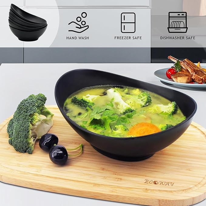 JOYMAY Oval Salad Bowls Set, 34oz Serving Bowls for Kitchen 8.8" Large Bowls for Soup, Oatmeal, Pasta, Snacks, Deep Soup Bowls Set for Salad, Fruit, Vegetable, Ramen, 6PC-Black