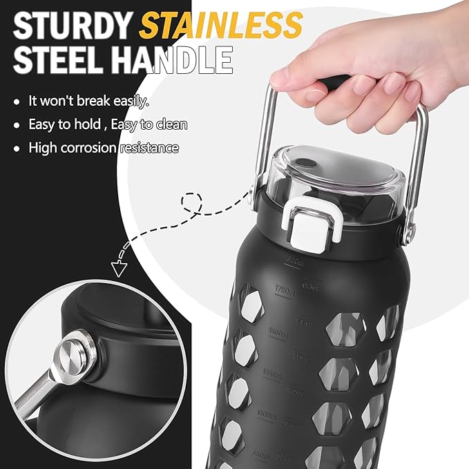 MUKOKO 64oz Glass Water Bottles with Straw and Lid,Half Gallon Water Bottle with Time Marker,Large Glass Water Jug with Silicone Sleeve and Stainless Steel Handle-Black