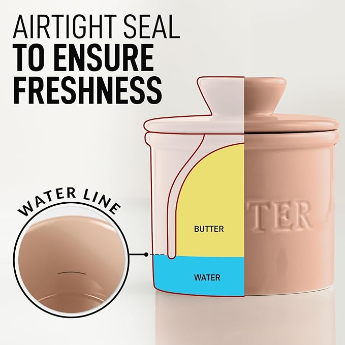 Zulay Kitchen Butter Crock With Lid & Spreader Knife for Countertop - Ceramic French Butter Dish Keeper For Fresh & Spreadable Butter - Peach