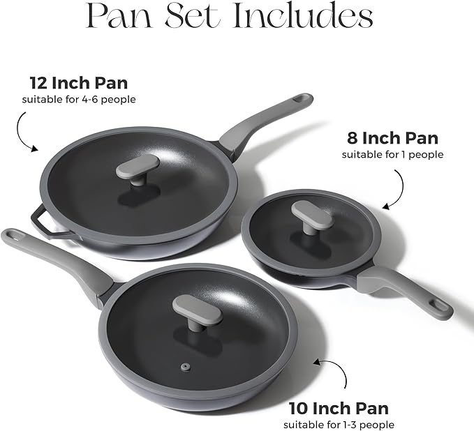 PRICUSIS Nonstick Frying Pan Set with Lid, 8+10+12 Inch Induction Compatible Skillet with Stay Cool Handle, Fully Coated, 100% Dishwasher Safe, PTFE & PFOA Free (Black Sesame)