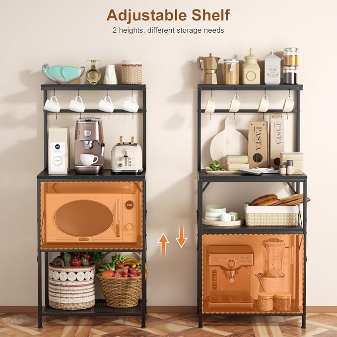 Kitchen Bakers Rack with Storage Shelves, Small Coffee Bar Cart with 8 Hooks, 4 Tiers Microwave Stand Station with Adjustable Shelves, Freestanding Kitchen Appliance Organizer, Black