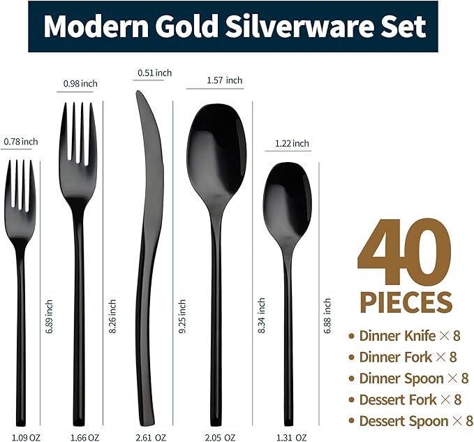 Lemeya 40-Piece Black Silverware Set for 8,Modern 18/10 Stainless Steel Flatware Set,Luxury Cutlery Set,Unique Utensils Set for Restaurant,Spoons and Forks Set,Mirror Polished,Dishwasher Safe