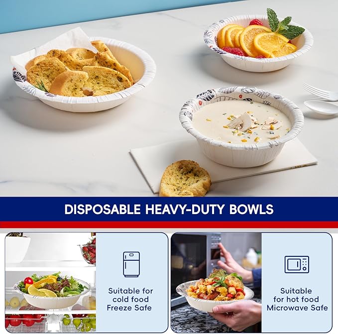 JOLLY CHEF 160 Count Paper Bowls 20 oz Soak Proof and Cut Proof Microwave Safe Heavy Duty Leaf Printed Disposable Bowls for Dinner or Thanksgiving