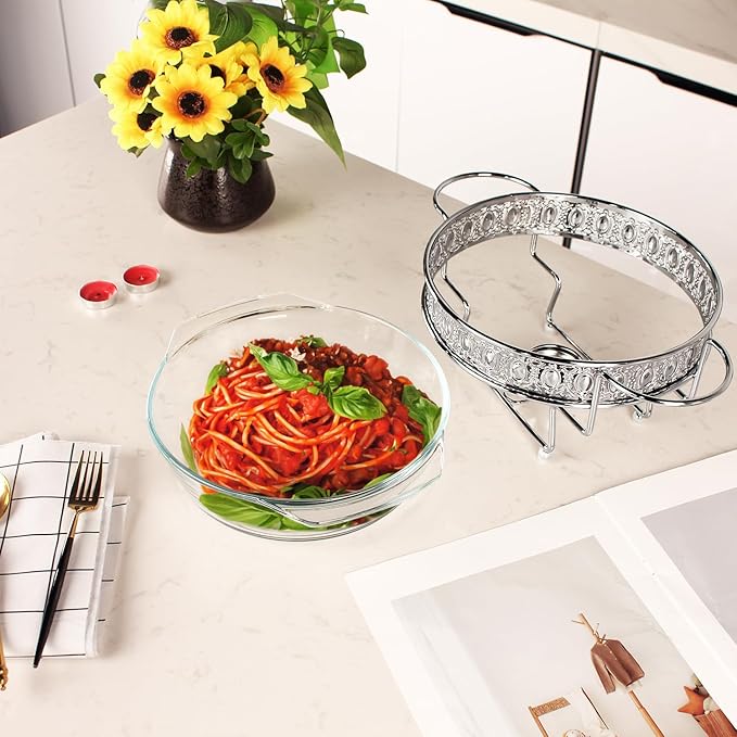 Casserole Dish 9"Glass Baking Dish with Stainless steel Lid and rack, Silver round 1.5 Qt Baking Pan For Casserole & Lasagna, Microwave Dishwasher Freezer Oven Safe