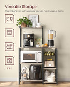VASAGLE Baker's Rack, Microwave Stand, Kitchen Storage Rack with Wire Basket, 6 Hooks, and Shelves, for Spices, Pots, and Pans, Heather Greige and Ink Black UKKS035B02