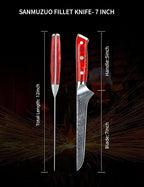 7 inch Fillet Knife, VG10 Damascus Steel Fish Boning Knife with Resin Handle - Xuan Series (Sunset Red)