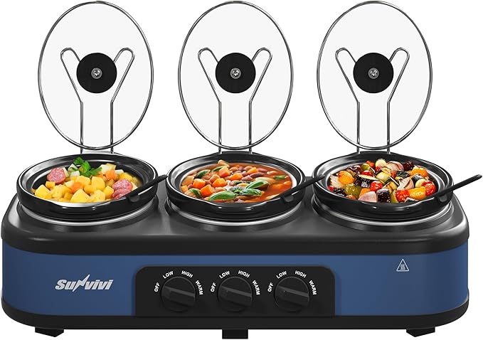 Triple Slow Cooker, Buffet Food Warmer with 3 x 1.5 QT Removable Ceramic Pots, Buffet Servers and Warmers with Glass Lids and 3 Spoons, Stainless Steel, Blue