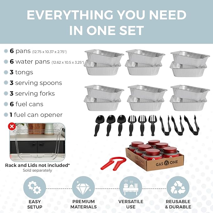 Alpha Living 6 Pack Refill Kit - Disposable Chafing Dish Buffet Set, Welded Body Food Warmers for Parties, Fuel Cans, Half Size Pans, Warming Trays