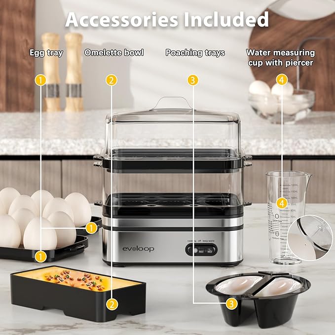 Rapid Egg Cooker Electric 12 Eggs Capacity, Soft, Medium, Hard Boiled, Poached, Omelet Maker Egg Poacher & Vegetable Steamer, BPA Free Tray