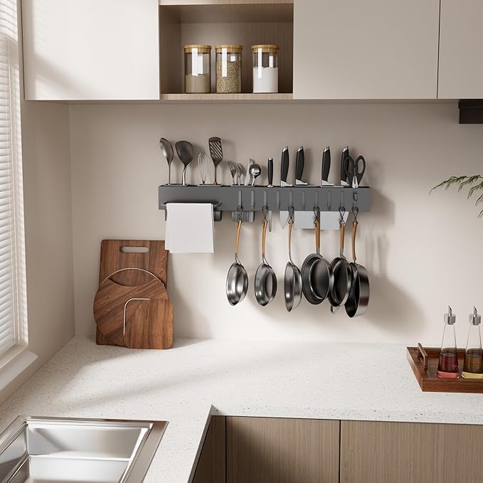 NET MEYA Stainless Steel Pot and Pan Hanger,Wall Mounted Pot Rack Kitchen Hanging Rail With S Hooks,Detachable Pans Hanging Rail Kitchen Lids Utensils Hanger,23.7 Inch Wall Mounted Hanging Pot Rack