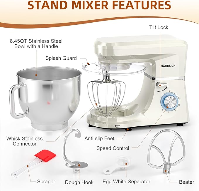 Dough Mixer 8.45 QT Electric Mixer - 660W 6 Speed Large Capacity Kitchen Stand Mixer with Whisk Dough Hook Mixing Beater Household Food Mixer for Baking Cakes Cookie Bread Salad (White)