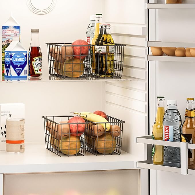 Hanging Kitchen Baskets For Storage Adhesive Small Wire Storage Baskets No Drilling Wall Mounted Shelf with Kitchen Food Pantry Bathroom Shelf Storage, 2 PACK, Black