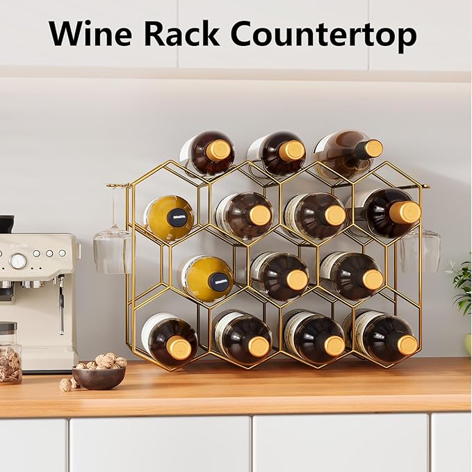 Urban Deco Countertop Wine Rack for 14 Bottles - No Assembly Required Modern Wine Bottle Holder Stand for Cabinet, Kitchen, Bar, Pantry - Gold Wire Wine Rack Inserts
