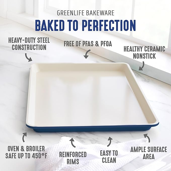 GreenLife Bakeware 18” x 13” Half Cookie Sheet Baking Pan, Non-Toxic PFAS-Free Healthy Ceramic Nonstick, Oven Safe to 450°F, Easy Release, Even Heating, Easy Clean, Navy
