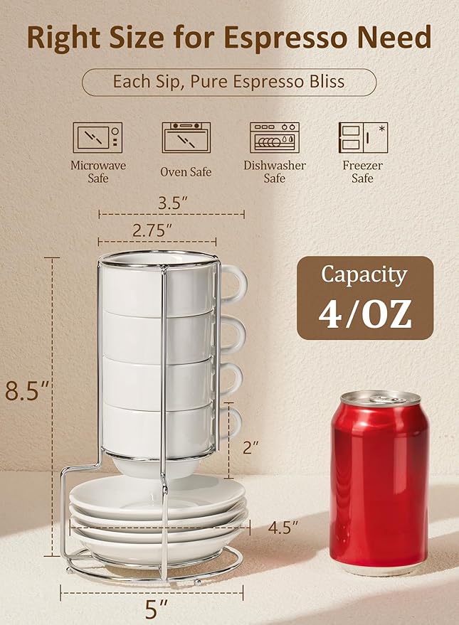 Yedio 4 oz Espresso Cups with Saucers and Metal Stand, Porcelain Stackable Coffee Cappuccino Cups Set of 4, White